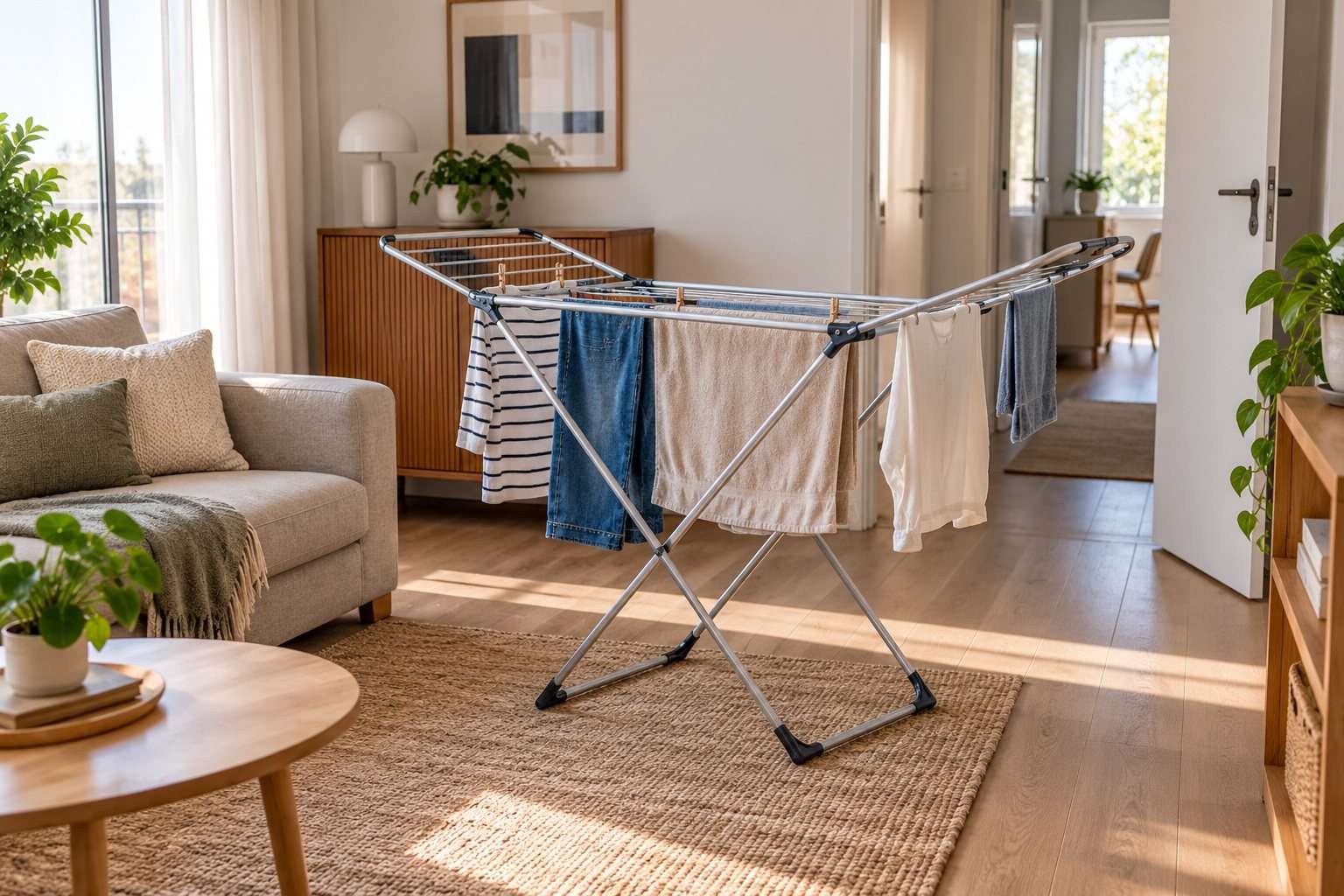 Tendedero plegable junto a una ventana en un salón pequeño con espacio de paso.