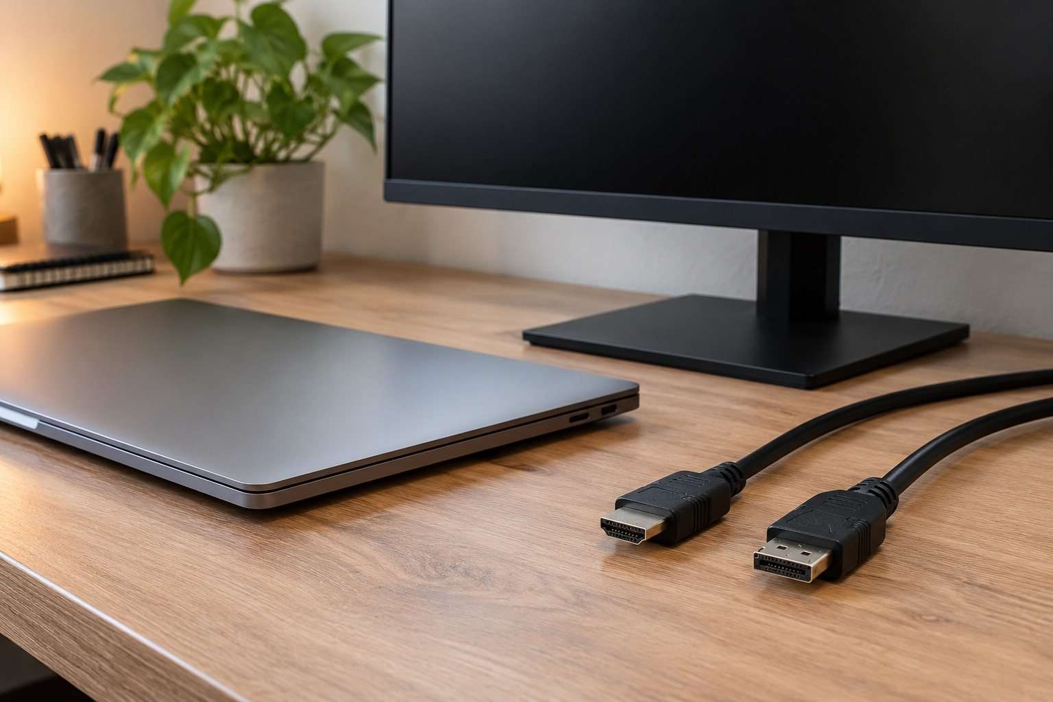 Portátil cerrado, monitor y cables con conectores de vídeo sobre una mesa.