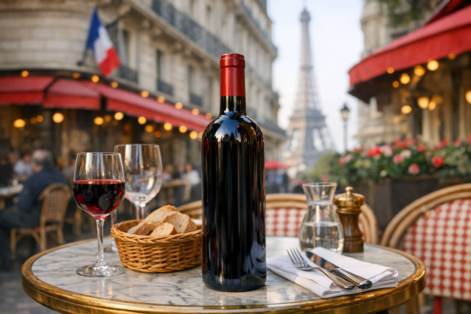 Una botella de vino en la mesa de un restaurante en Francia. Debe ser evidente que es Francia. Una botella de vino en la mesa de un restaurante en Francia. Debe ser evidente que es Francia.